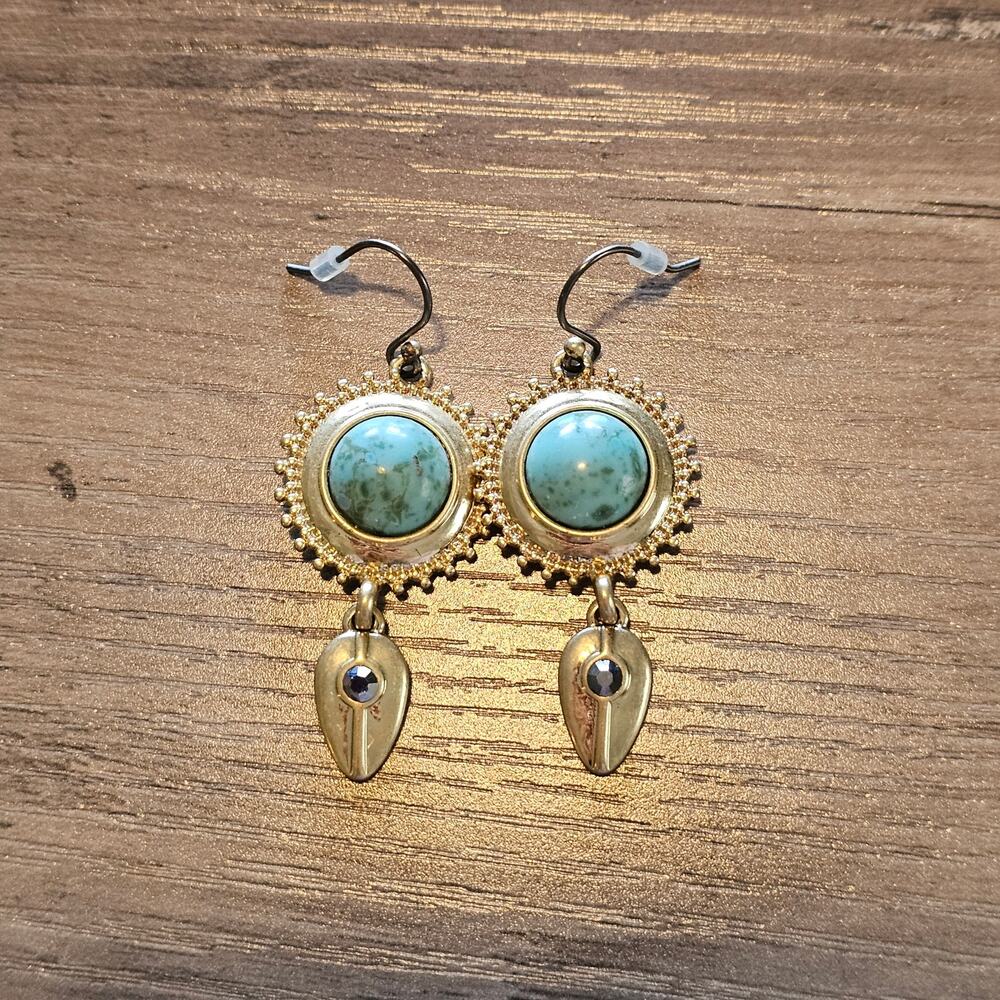 Gold & Turquoise Cabochon Round Tribal Boho Dangle Earrings